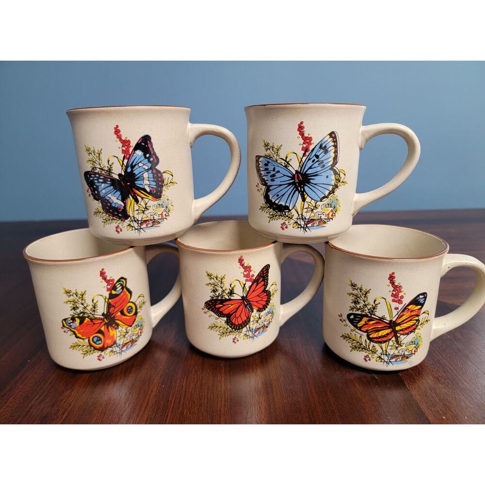5 VTG HAND CRAFTED VIKING STONEWARE COFFEE MUGS WITH BUTTERFLIES MADE IN KOREA